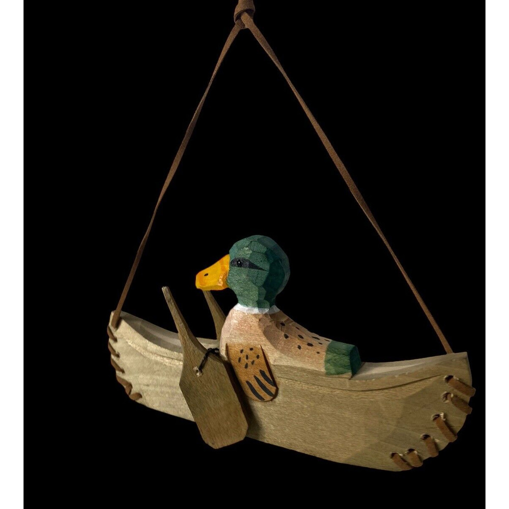 Beachcombers Christmas Ornament Wood Duck in Rowboat Folk Art Lodge Camp NEW 6"